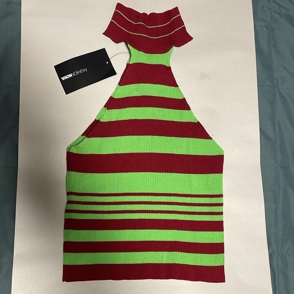 Retro Striped Halter Top Green Maroon Tank Rib High Neck NWT Fashion Nova Mod - Picture 2 of 9